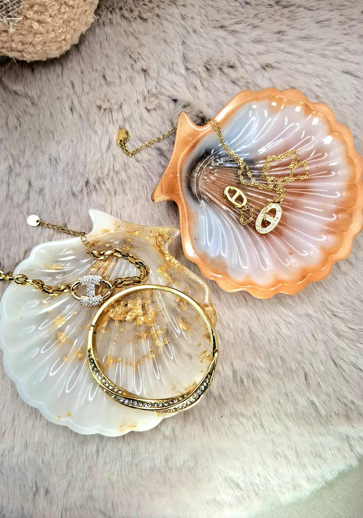 Coquillages vide poches en résine époxy, doré et nacré