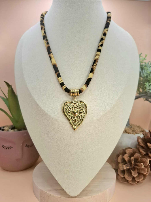 Collier tissus léopard "cœur"