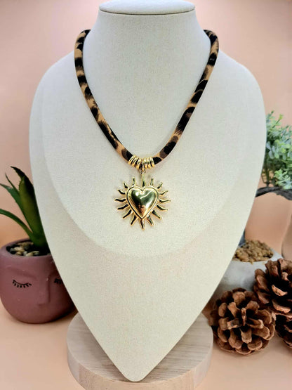 Collier tissus léopard "coeur solaire"